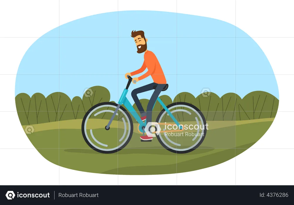 Man rides bicycle on sandy road in forest  Illustration