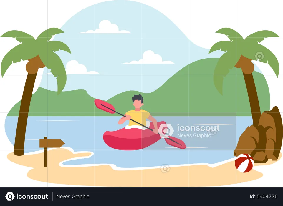Man riding a kayak at a tropical beach  Illustration
