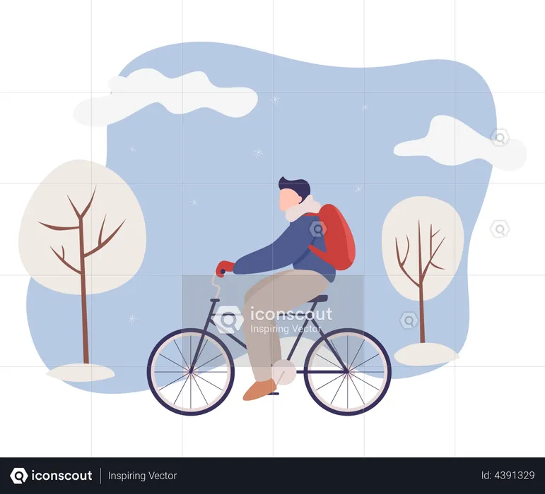 Man riding bicycle during winter season  Illustration