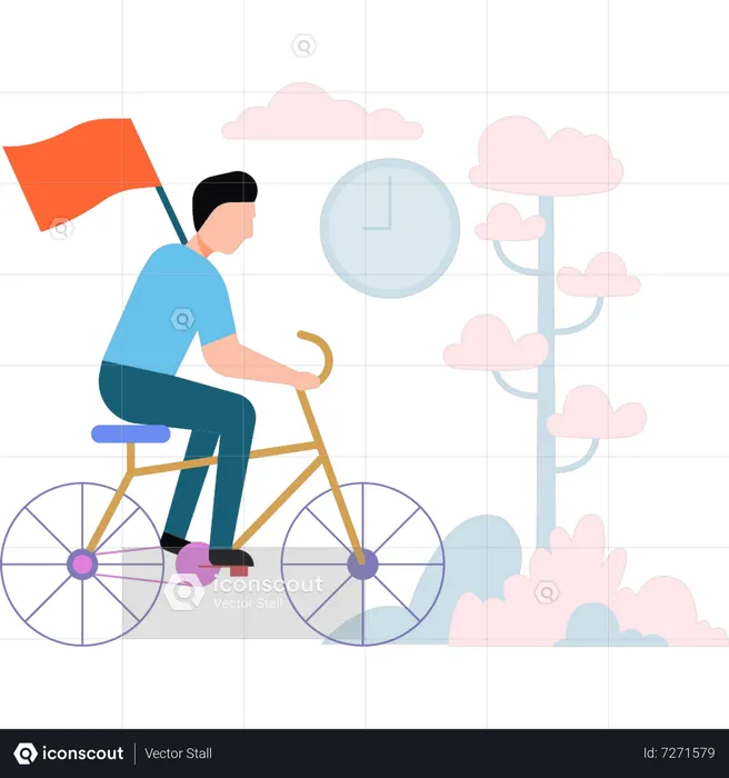 Man riding bicycle holding flag  Illustration
