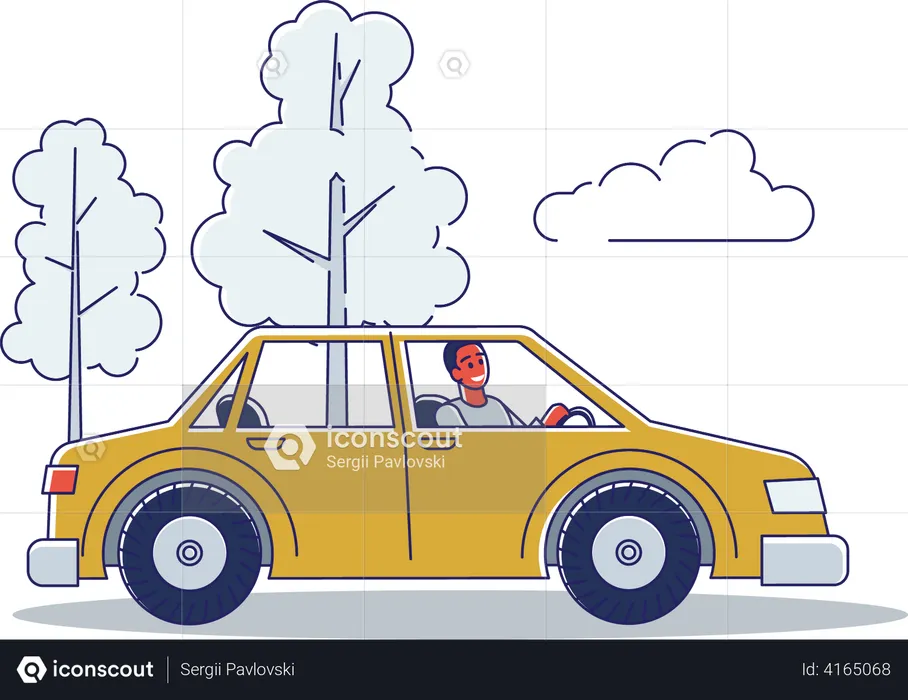 Man riding car on road  Illustration