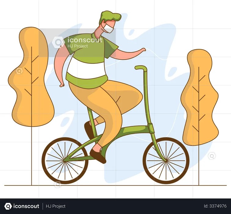 Man riding cycle wearing mask  Illustration