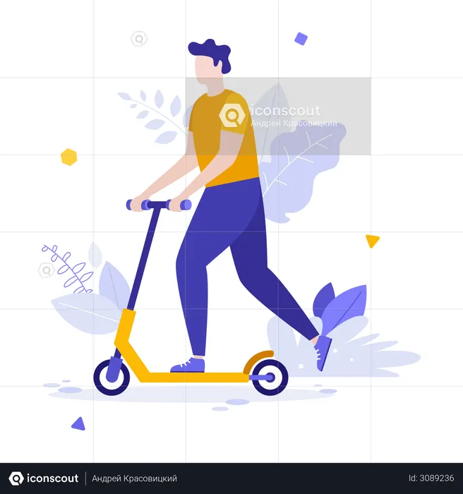 Man riding kick scooter  Illustration