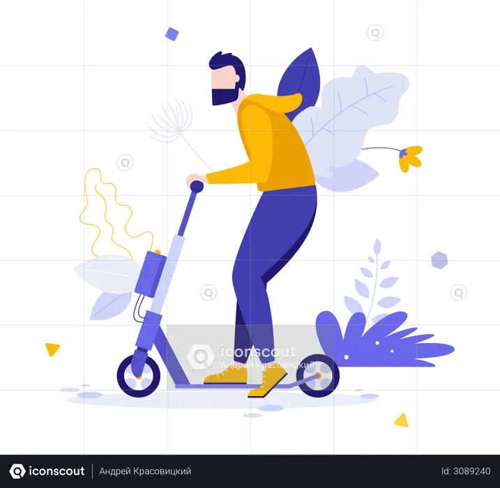Man riding motorized kick scooter  Illustration