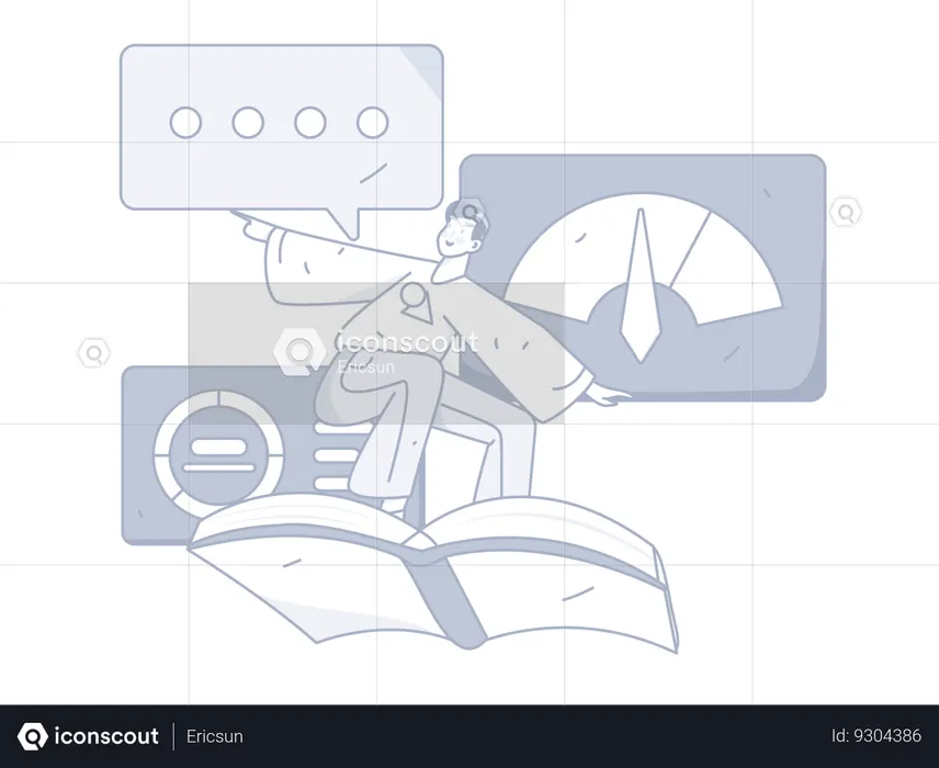 Man riding on book while looking business performance  Illustration