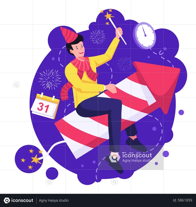 Man Riding On Firework Rocket To Celebrate New Year  Illustration