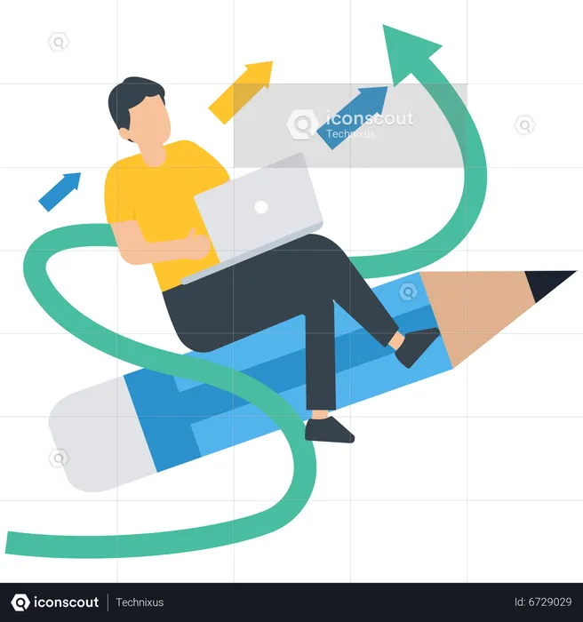 Man riding on pencil and holds laptop  Illustration