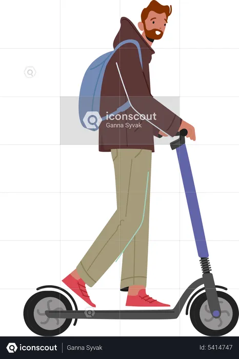Man riding push scooter  Illustration