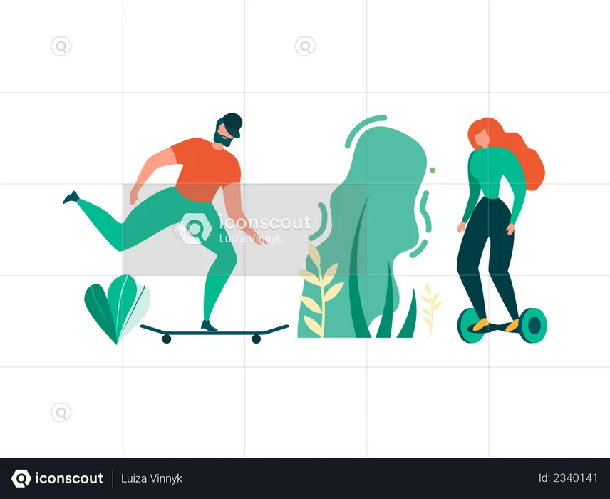 Man Riding Skateboard and women Self Balancing Electric Scooters  Illustration