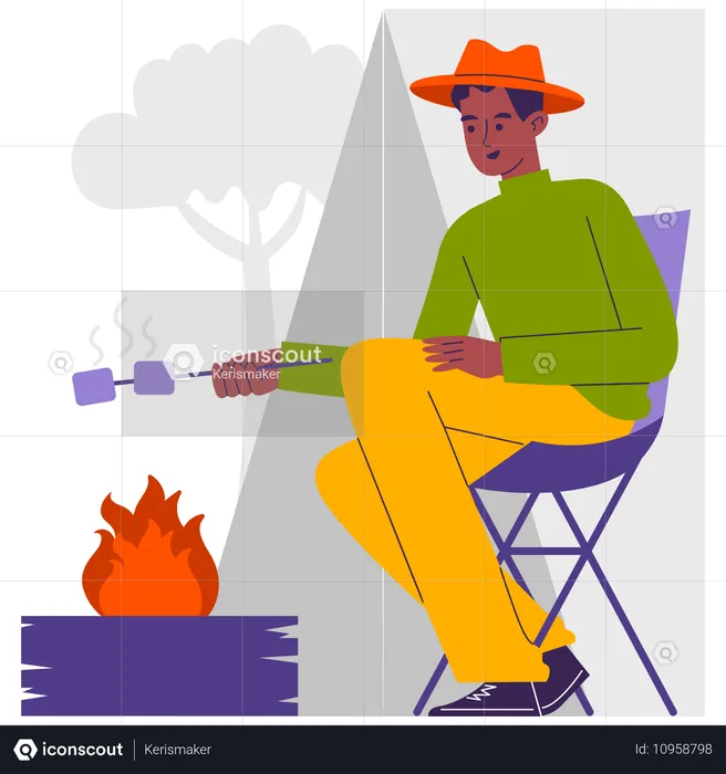 Man roasting marshmallows on campfire  Illustration