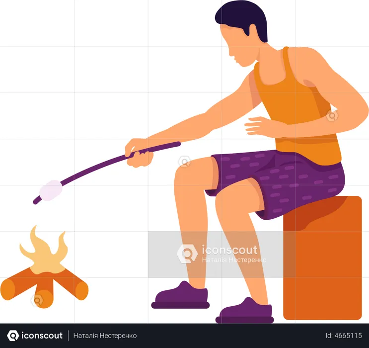 Man roasting marshmallows over fire  Illustration