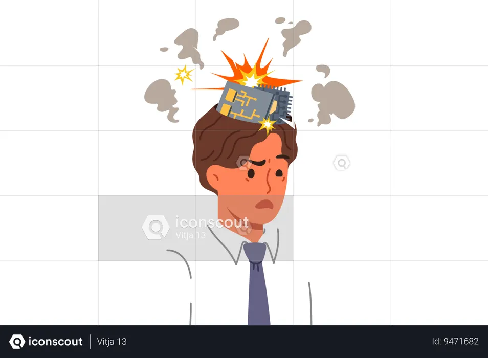 Man robot with exploding computer boards in head due to overload with work tasks  Illustration