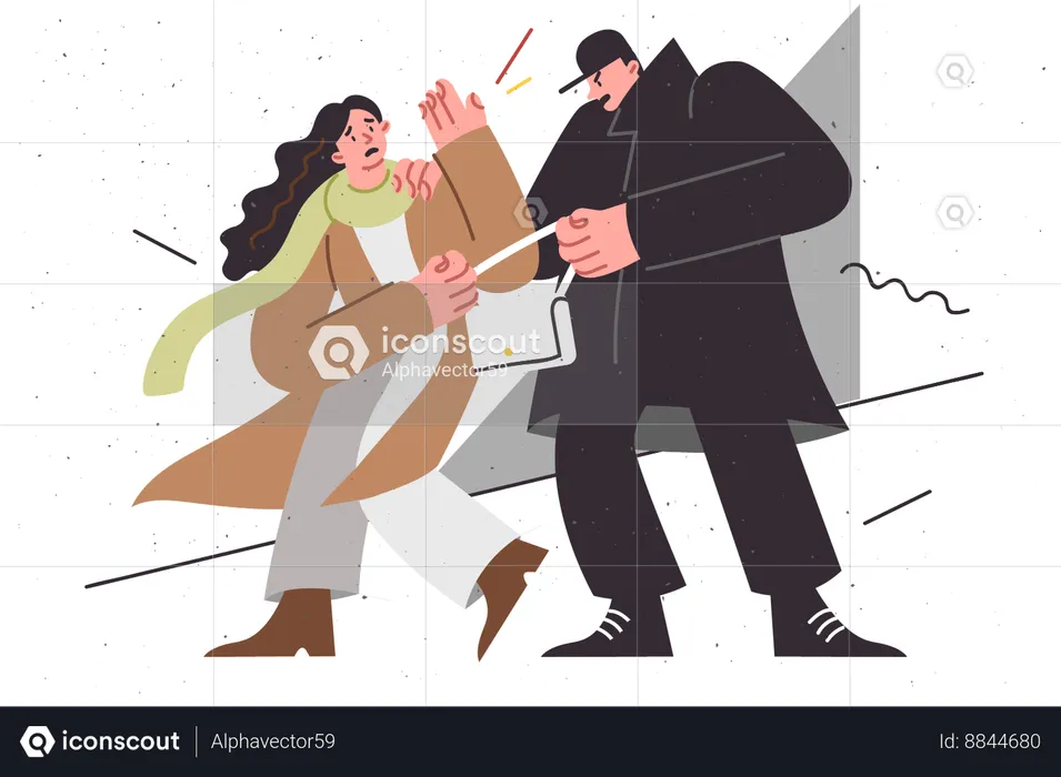 Man robs woman purse attacking in dark gateway to rob  Illustration