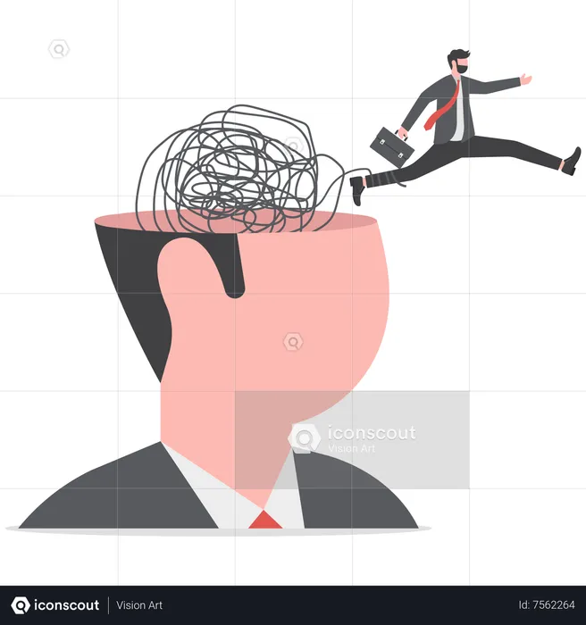 Man run away escape from mess tangled line brain on his open head  Illustration