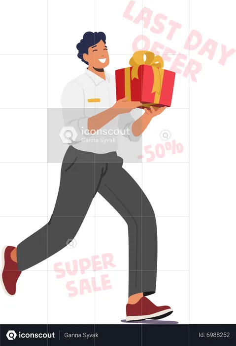 Man Run With Gift Box Eagerly Entices Customers With Promises Of Bonuses And Presents  Illustration