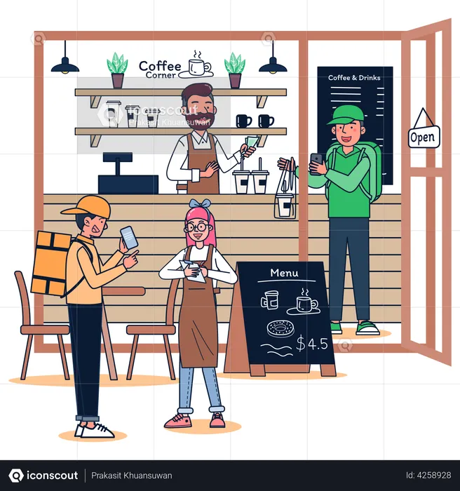 Man running small coffee shop  Illustration