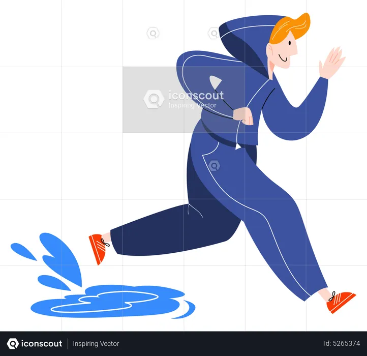 Man running under the rain stepping on puddles  Illustration