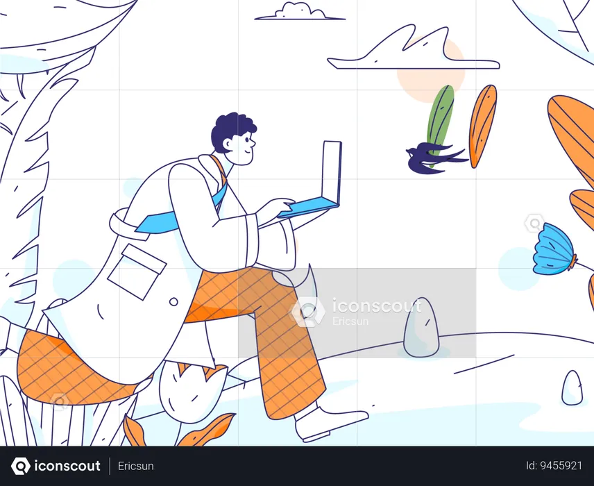 Man running while holding laptop  Illustration