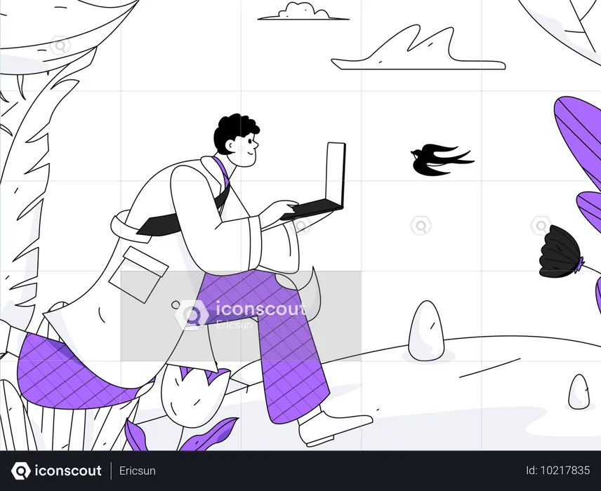 Man running while holding laptop  Illustration