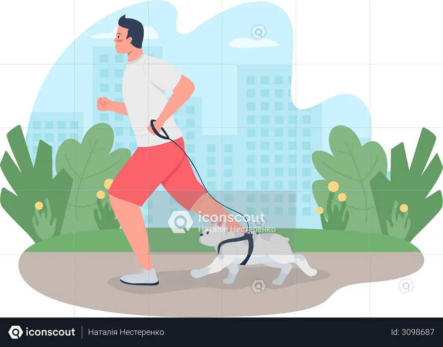 Man running with dog on leash  Illustration