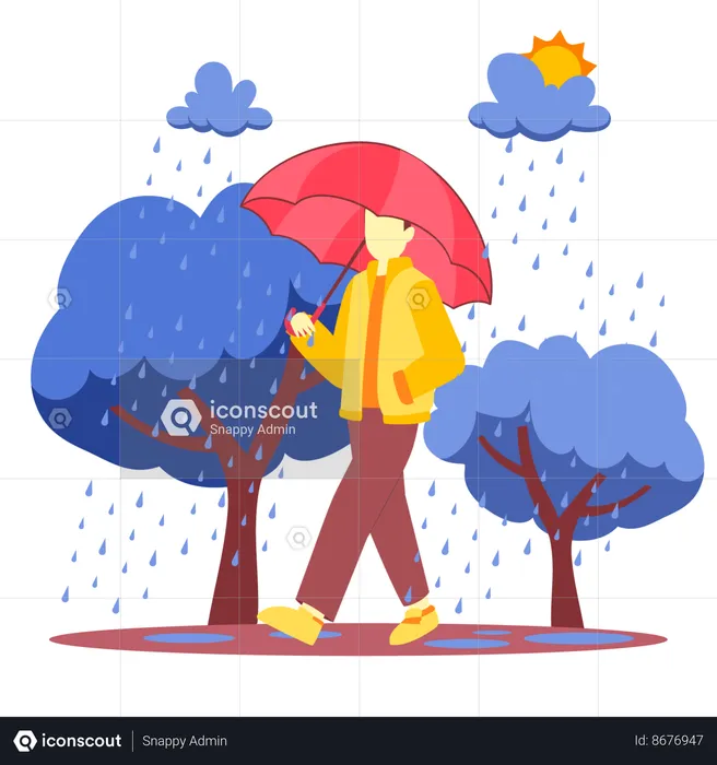 Man running with umbrella in rain  Illustration