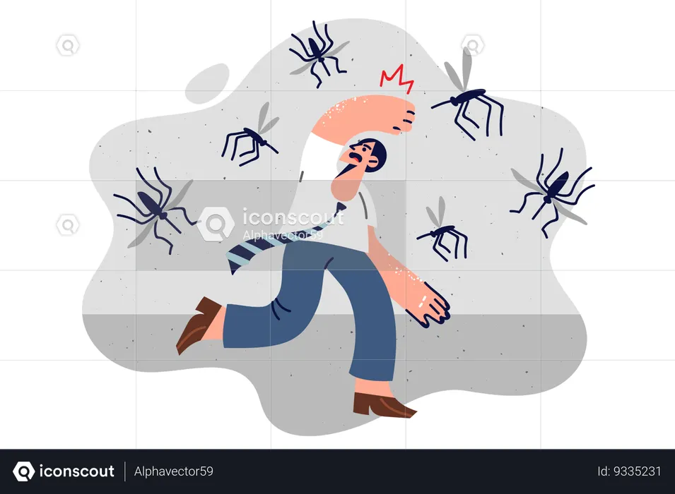 Man runs away from swarm of mosquitoes  Illustration