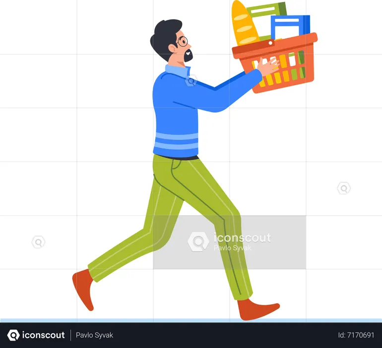Man Runs With Shopping Cart Full Of Groceries  Illustration