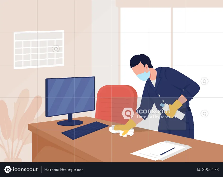Man sanitizing office  Illustration