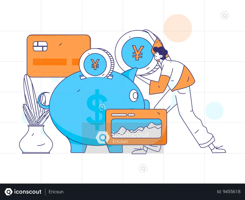 Man saves money in piggy bank  Illustration