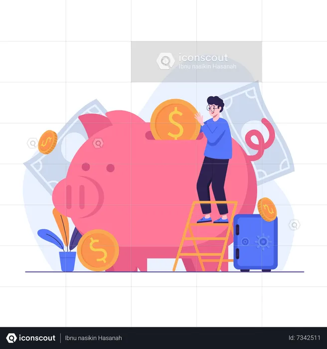 Man saving coins in a piggy bank  Illustration