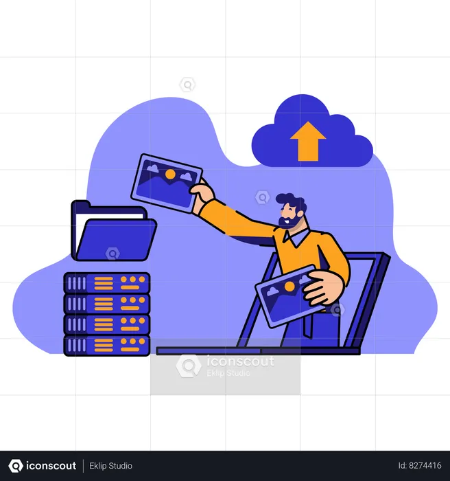 Man saving Documents on clouds server  Illustration