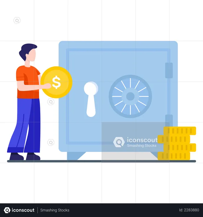 Man saving his money in safe vault  Illustration