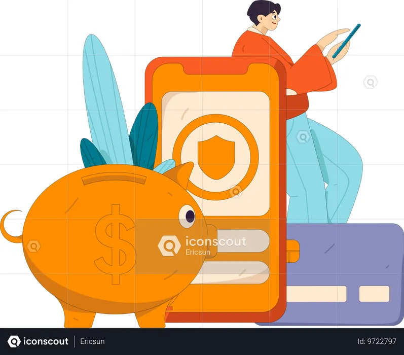 Man saving money in piggy bank  Illustration