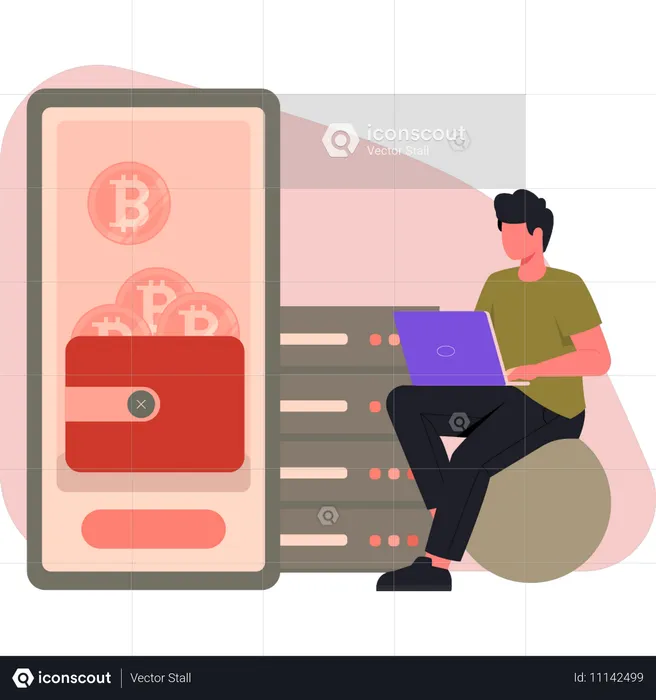 Man saving money in wallet online  Illustration