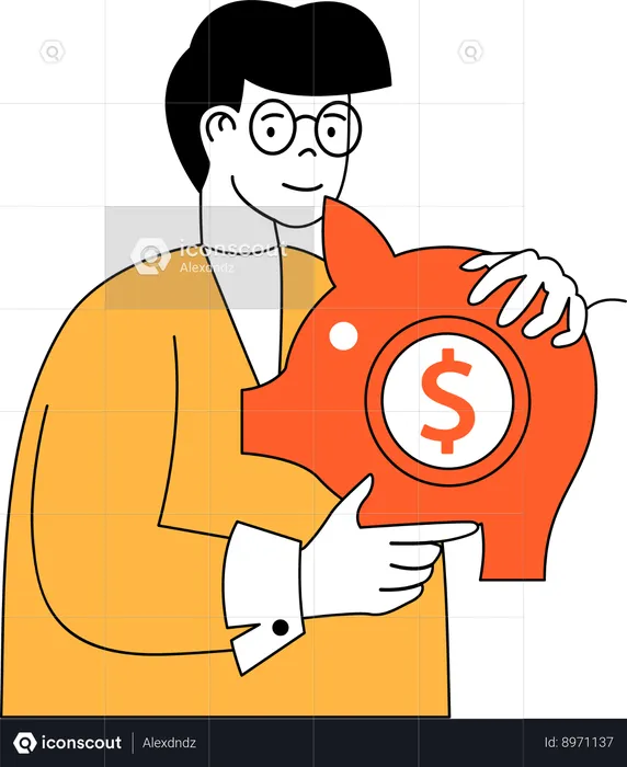 Man savings money in piggy bank  Illustration
