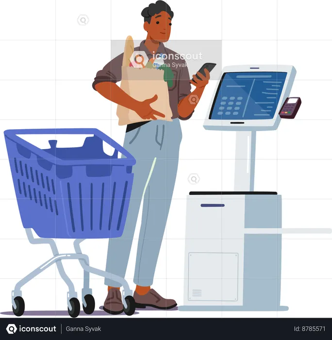 Man Scans groceries At Self-service Terminal  Illustration