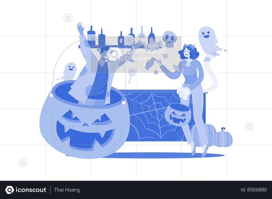 Man Scaring Girl On Halloween  Illustration