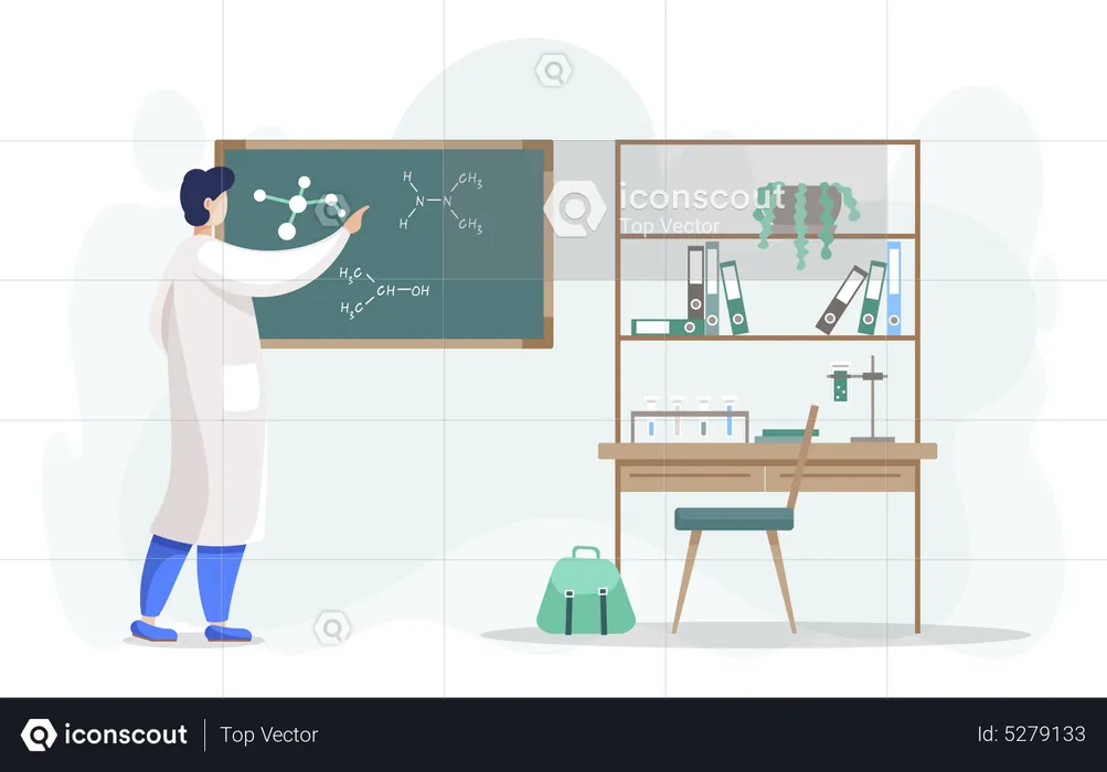 Man Scientist in Laboratory Writing on Blackboard  Illustration