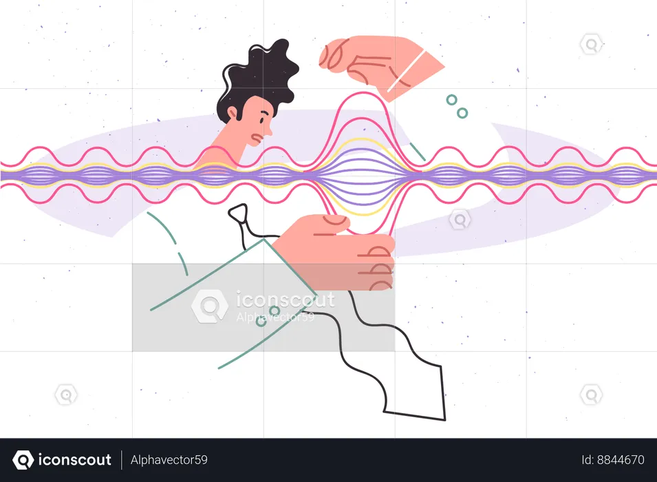 Man scientist looks at gravitational wave with confused face  Illustration