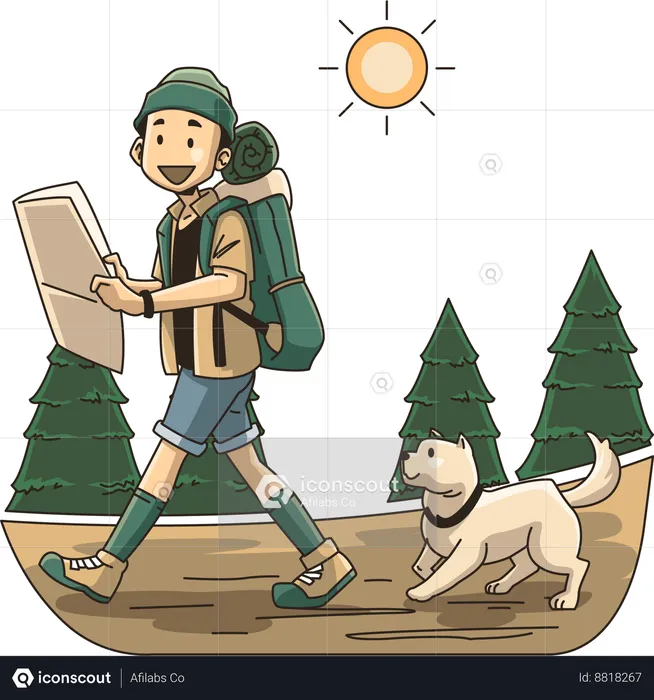 Man Search hiking trails with maps  Illustration