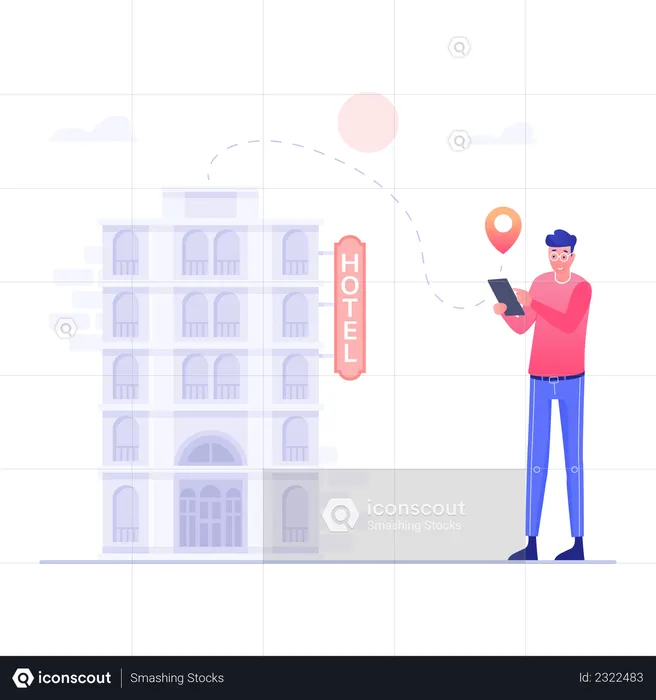 Man Search Hotel Location In Mobile  Illustration