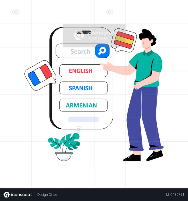 Man searching for foreign language on mobile app  Illustration