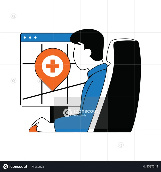 Man searching hospital location on map  Illustration