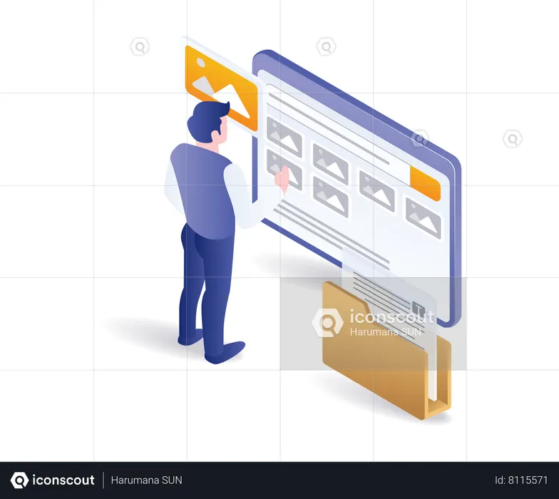 Man selecting image data in portfolio  Illustration