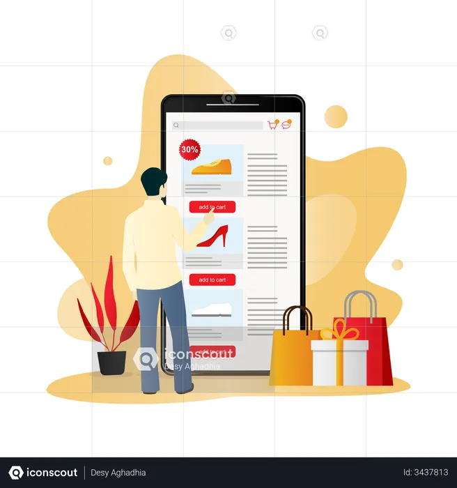 Man selecting items in online shopping app  Illustration