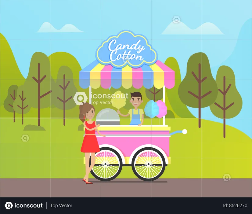 Man selling cotton candy in park  Illustration