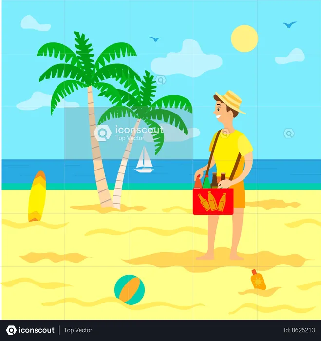 Man selling drinks on beach  Illustration