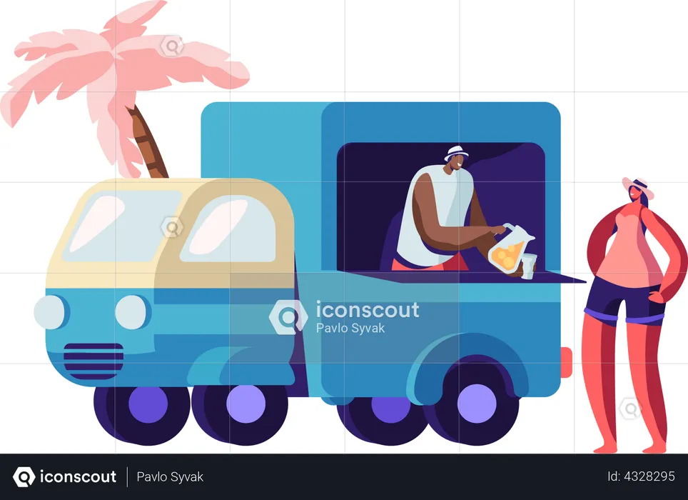 Man selling fresh cold beverage from food truck at beach  Illustration
