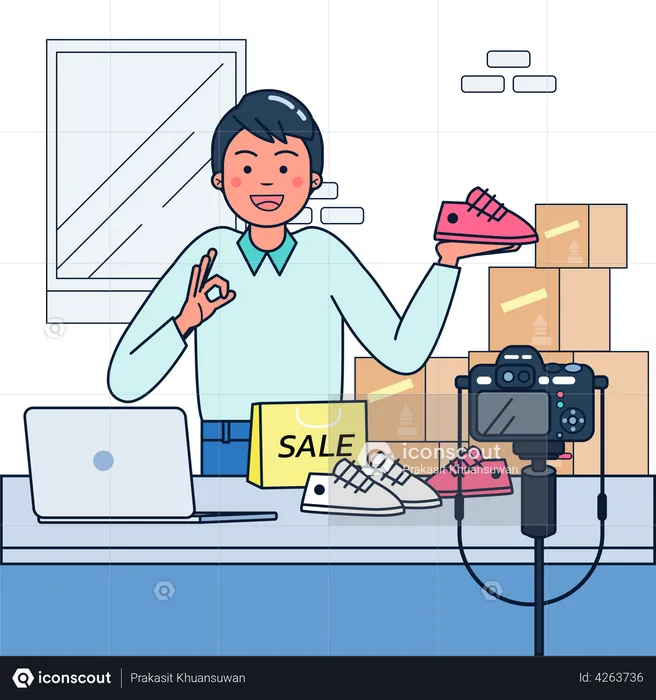 Man selling shoes online on sale  Illustration
