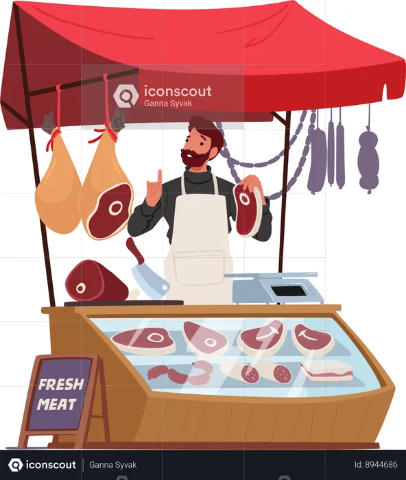 Man sells meat in market  Illustration